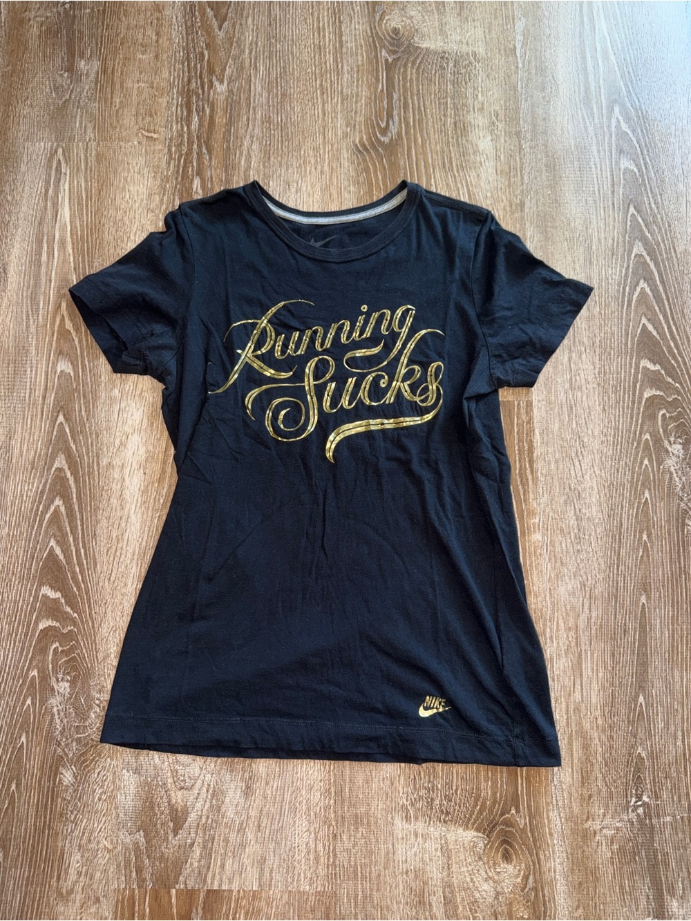 Vintage Y2K Nike Black Tee with Gold "Running Sucks" Script